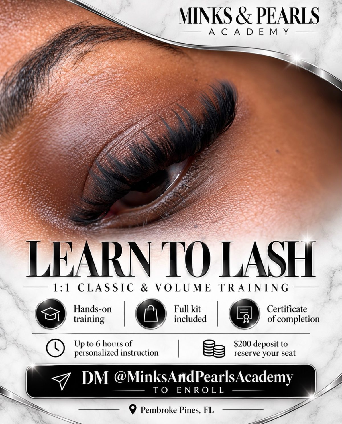 Minks & Pearls Academy flyer: 1:1 Classic and Volume lash training with hands-on instruction, full kit and certificate